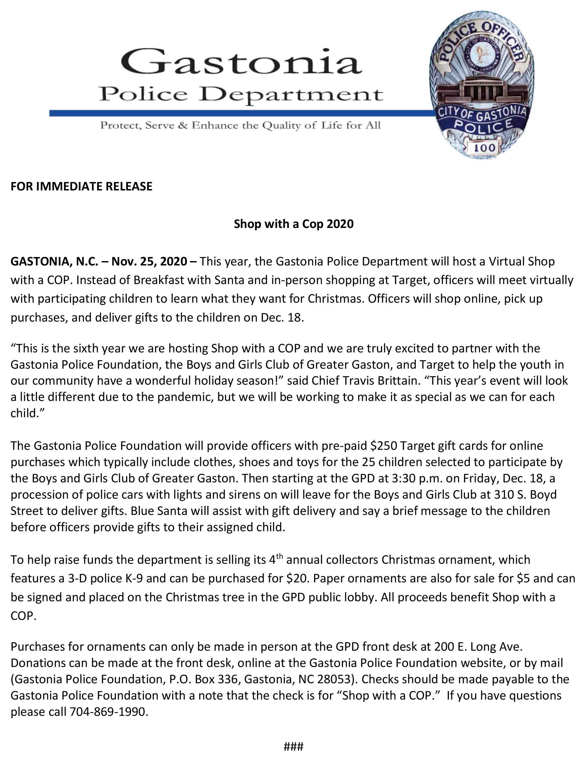 Shop with a Cop 2020 News Release
